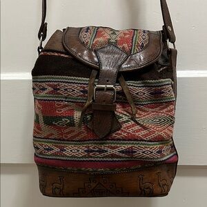 Moroccan Kilim Bag Leather Crossbody with Camel Inlay and Green Suede Back Boho